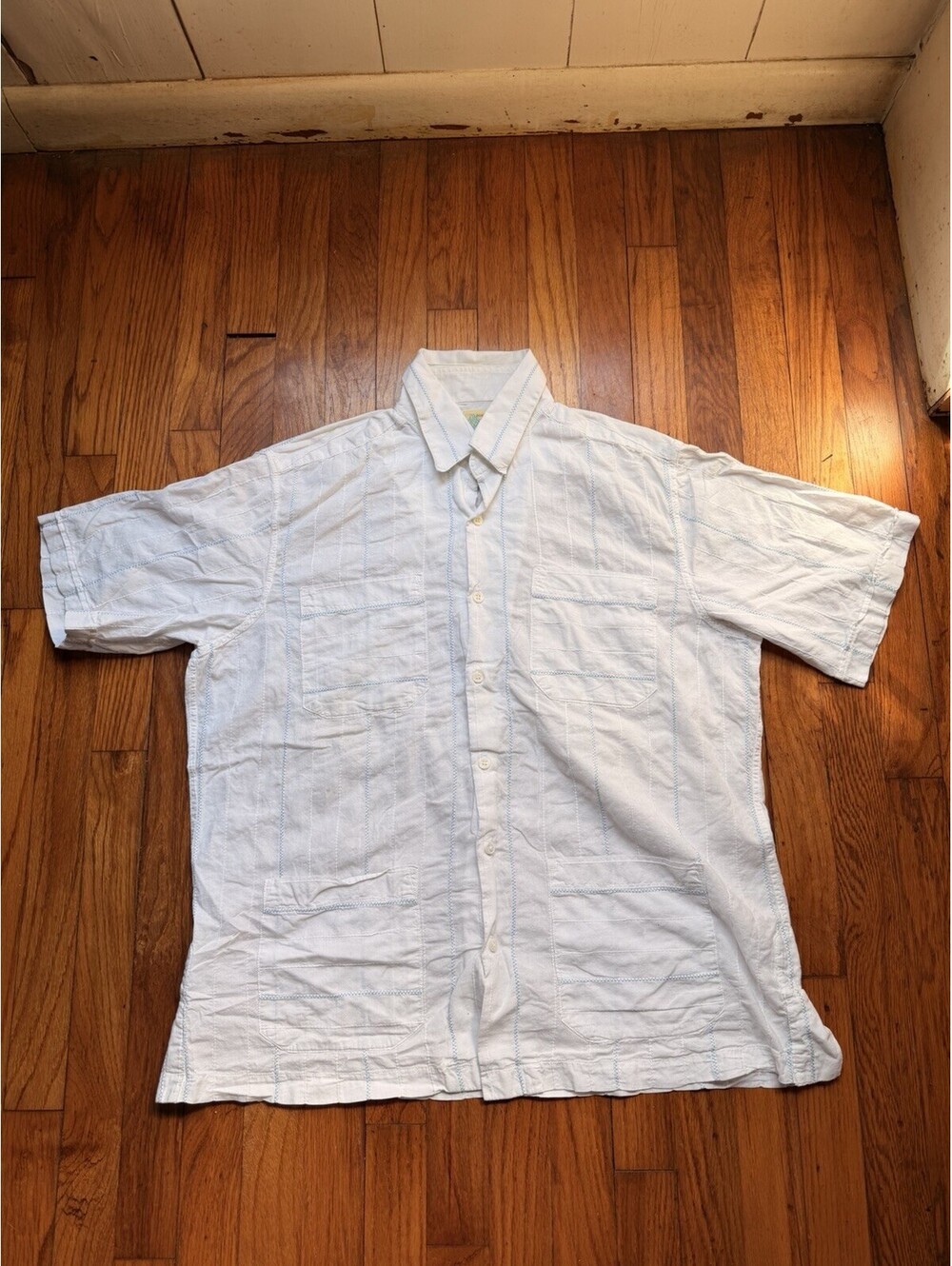 Dos Carolinas Men’s Guayabera White Blue Large Cotton Cuban Lightweight